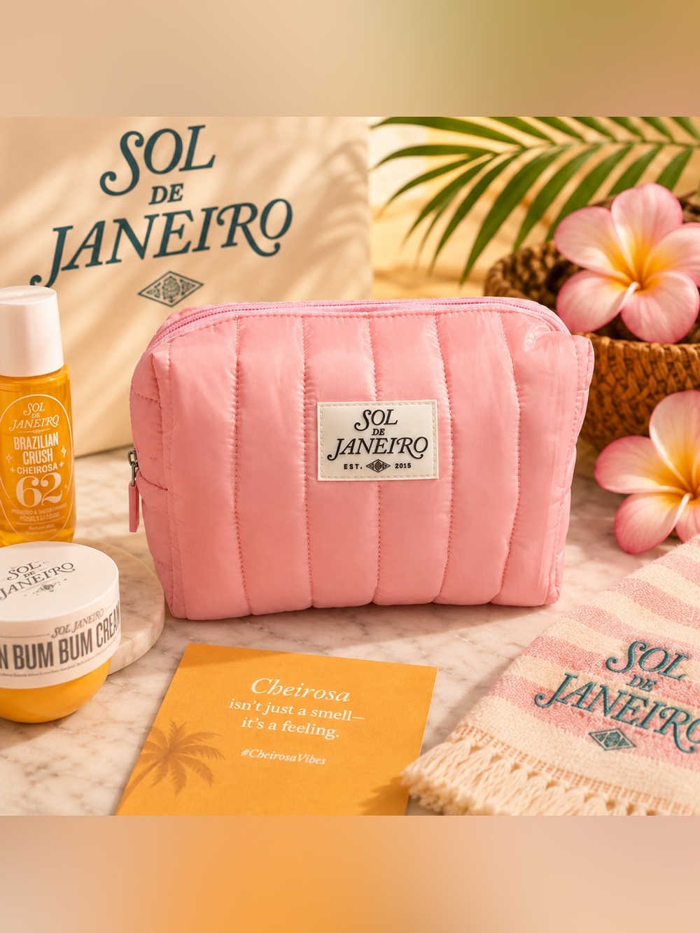 NWT Sol de Janeiro Pink Quilted Puffer Cosmetic Bag Limited Edition